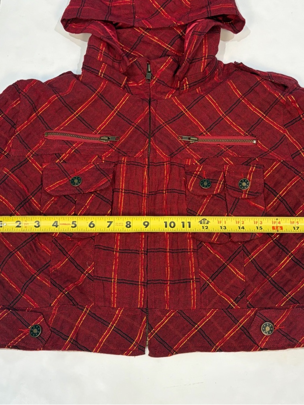 Feline Red Gold Plaid Cropped Full Zip Jacket Detachable Hood Junior Size Large - Picture 15 of 16
